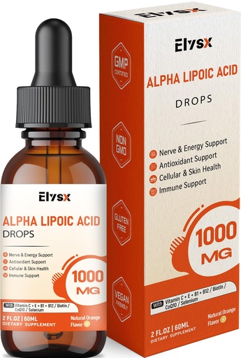 [BRSREFDQCMBWCADL] Alpha Lipoic Acid Liquid Drops 1000mg, ALA Supplement for Nerve and Antioxidant Support with Biotin, Natural Orange Flavor, 2FL OZ