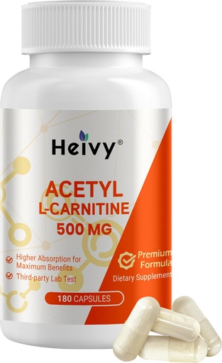 [BRSREYALBMPGA2DL] Heivy Pure Acetyl L-Carnitine 500mg | 180 Capsules, 180 Servings, Vegan, Non-GMO, Third-Party Tested, Made in USA GMP Facility, No Chemical Additives & Common Allergens