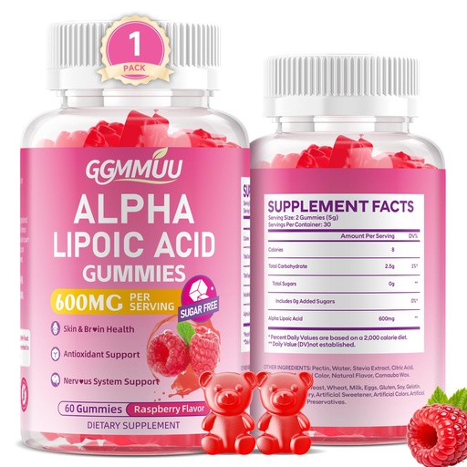 [BRSRGYALDEAW2A3X] Alpha Lipoic Acid Gummies 600mg, High Absorption Chewable ALA Supplement, Raspberry Flavor, Vegan, Sugar Free, 60 Count