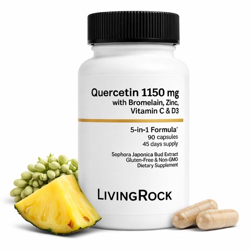 [BRSREFIBCB7RSYL6] LivingRock Quercetin 1150mg with Bromelain, Zinc, Vitamin C, D3 & K2 – Plant-Based Quercetin with Bromelain Supplement for Adults, Organic Vitamin D Formula, Vegan Non-GMO, 90 Capsules