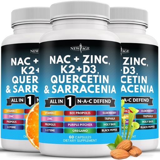 [BRSRABIBOQFBYCAU] NEW AGE NAC Supplement N-Acetyl Cysteine- with Vitamin D3, K2, Zinc, Quercetin, Triphala, Sarracenia Purpurea, Elderberry, Holy Basil, Bee Propolis, Bromelain, L-Lysine - 180 Count