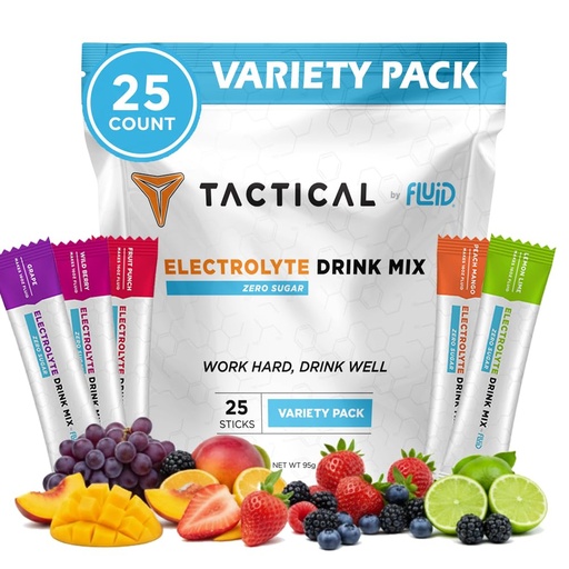 [BRSW2CQKOQPQIAA6] Fluid Tactical - 25 Count Zero Sugar Electrolyte Powder | Variety Pack | Travel Ready Drink Mix | Extreme Re-Hydration