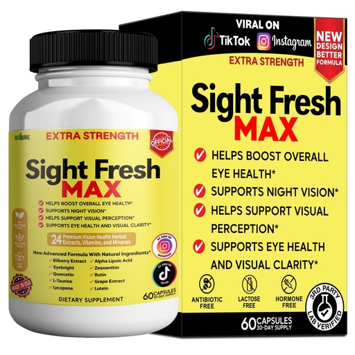 [BRSREAL2OAGWKETL] Sight Fresh MAX Vision Support Supplement, 60 Capsules, Extra Strength Eye Health Formula with Bilberry, Lutein, Vitamins, 30 Day Supply (1)