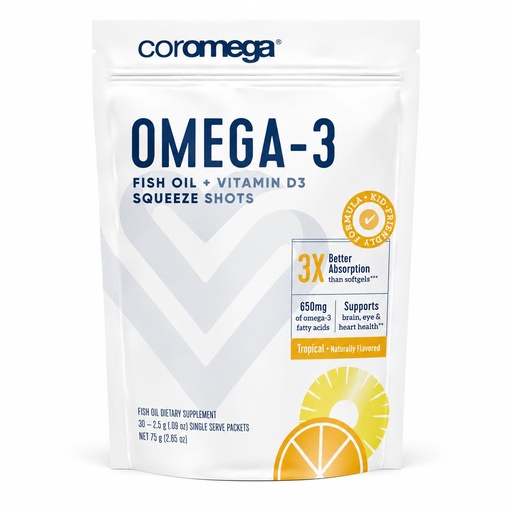 [BRSWIYA4CB7GOGDG] Coromega - Omega 3 Tropical Flavor - Fish Oil Squeeze Shots 650mg Fatty Acids - 3X Better Absorption - 30 Individual Packets Kids-Friendly Formula