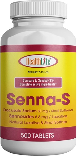 [BRSW2ZIHAUDRG2Y3] HEALTH LFE Senna-S Tablets, Senna Plus(Laxative/Stool Softener) Gentle Overnight Relief of Occasional Constipation Generic for Senokot-S (Small (Pack of 1), 500)