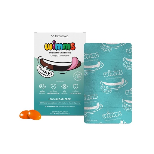 [BRSREYYBOZ7QMDTF] WIMMS Smart Chews for Kids | Omega-3 & Multivitamin Gummies | 600mg DHA & EPA | Sugar-Free Brain & Immune Support for Children | Tropical Flavor | 30 Daily Chews