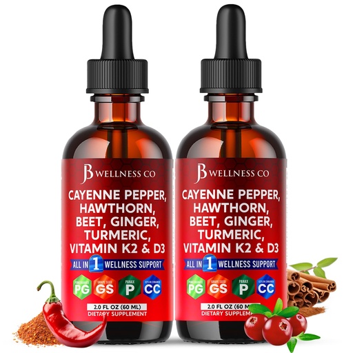 [BRSREYL6CFYQKCD6] Cayenne Pepper Supplement Liquid Drops + Hawthorn Berry, Vitamin D3 K2 Beet Root Powder, Ceylon Cinnamon, Turmeric Curcumin, Organic Panax Ginseng - 4oz