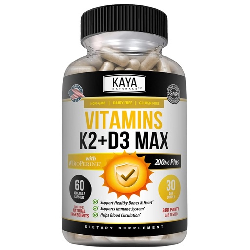 [BRSW2EIOOENGO2QU] Kaya Naturals Vitamins K2 with D3 5000IU Supplement for Men and Women - Easy to Swallow - Bioperine Capsules (60 Count (Pack of 1)