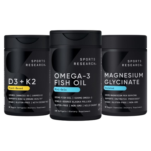 [BRSRYZD3BYCGOELP] Sports Research® Multivitamin Pack - Alaskan Omega-3 Fish Oil 1250mg, Vitamin D3 5000iu + K2 100mcg, and Chelated Magnesium Glycinate 160mg