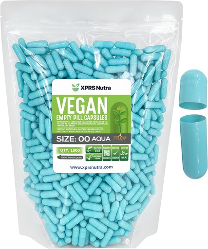[BRSWYZD6AV7Q2ALG] XPRS Nutra Size 00 Empty Capsules - 1000 Count Empty Vegan Capsules - Vegetarian Empty Pills - DIY Vegetable Capsule Filling- Veggie Pill Caps (Aqua)