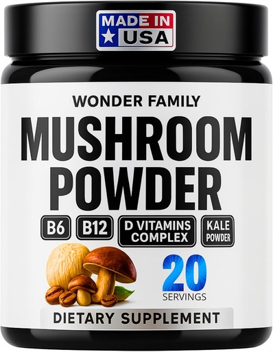 [BRSRAEAYBMBQGCLA] Instant Mushroom Powder 10:1 – Cordyceps Mushroom Supplement with Reishi, Chaga & Shiitake – Caffeine-Free Nighttime Drink with B6, B12, D + Probiotics Mushroom Cacao Organic Blend (No Sweetener)