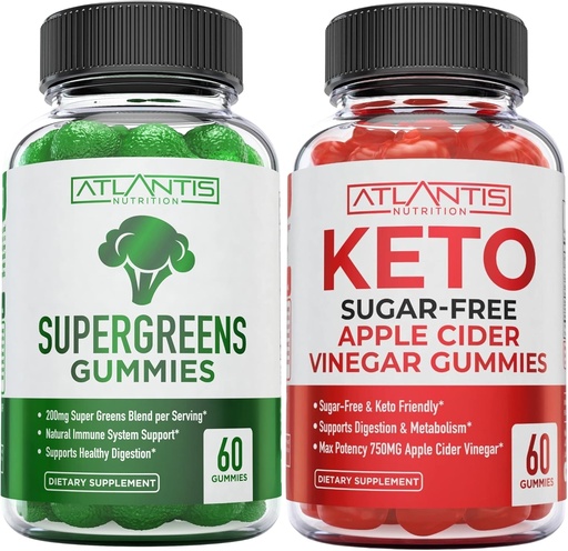 [BRSROZY2OQBBOCT4] Atlantis Nutrition Supergreens 60 Gummies + Sugar Free Keto Apple Cider Vinegar 60 Gummies