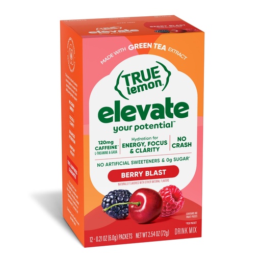 [BRSRGC3QBV5GEHTK] True Lemon Elevate Berry Blast Energy Drink Powder - Vitamin C Electrolytes Powder Packets with 120 mg Green Tea Caffeine, GABA, L-Theanine - Sugar Free Hydration Packets, Focus Supplement, 12 Count