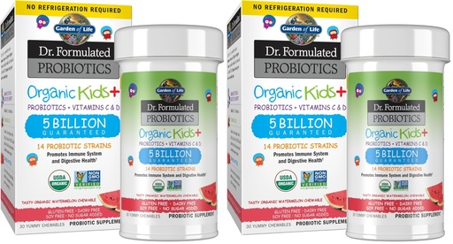 [BRSRGGQNAACGOHLZ] Garden of Life Dr. Formulated Probiotics Organic Kids+ Plus Vitamin C&D-Watermelon-Gluten,Dairy&Soy Free Immune-&Digestive Health Supplement,No Added Sugar,30 Chewables (Shelf Stable),(Pack of 2)