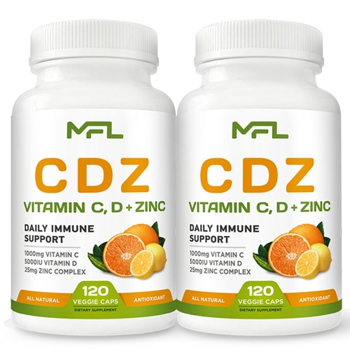 [BRSW2FD2C4BBOCAV] 2 Pack, C D Z | Vitamin C, 1000mg | Vitamin D3, 125mcg | Zinc, 25mg | Non-GMO & Gluten Free | 240 Servings