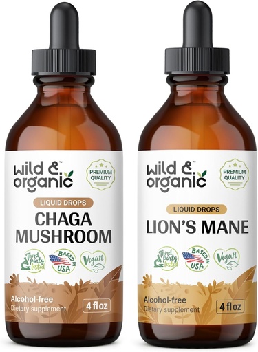 [BRSRAGAOOQCB6HI4] Wild & Organic Chaga Mushroom Tincture 4 fl oz & Lion's Mane Mushroom Tincture 4 fl oz
