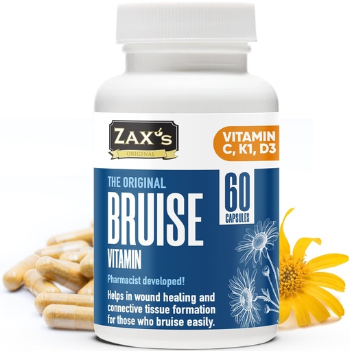 [BRSWGFA3PNYR6G3O] ZAX'S Bruise Vitamin Pharmacist Developed Bruising Supplements Potent Bruising Swelling Reducer, Zinc, Vitamin K, D3, Ascorbic Acid, Citrus Bioflavonoids, 60 Caps, Combine Arnica Bruise Cream