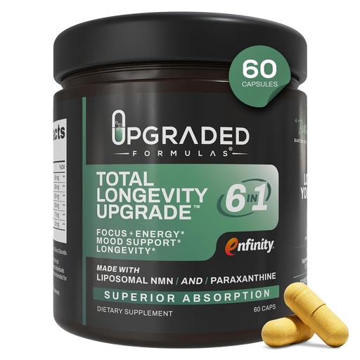 [BRSRGCQCBACB43YV] Upgraded Formulas Total Longevity Upgrade – 6-in-1 NMN Supplement with Liposomal NMN, NAD+ Support, Paraxanthine, Resveratrol, Quercetin, PQQ – Energy, Focus & Cellular Health Formula, 60 Capsules