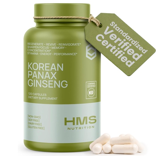 [BRSWGGAYDEBG2E33] HMS Nutrition Korean Red Panax Ginseng 2000mg Supplement – 120 Vegan Capsules, Max Strength Ginsenosides, NSF Certified Extract for Energy, Stamina, Focus, Performance & Immune Support