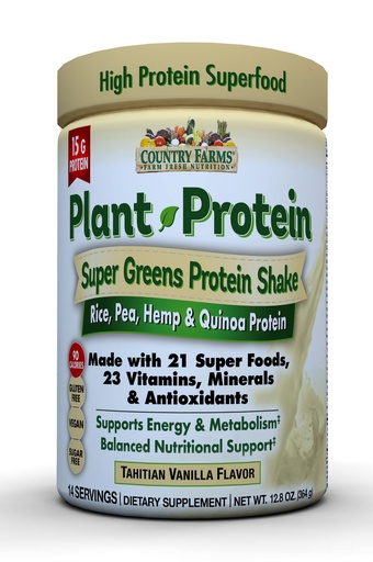 [BRSWKFA6BEHGYFDA] Country Farms Super Greens Plant Protein Supplement, Made with 21 Super Foods, 23 Vitamins, Minerals & Antioxidants, Supports Energy & Metabolism, Vanilla Flavor, 14 Servings