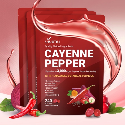 [BRSRGYLRCAGRMCLV] VivoNu Cayenne Pepper Softgels Supplement, Supports Leg Vein, Heart and Blood Vessel Health, with Vitamin E D3+K2 and Extracts of Grape Seed, Hawthorn, Beetroot, Berberine (Softgel / 3 Bag)
