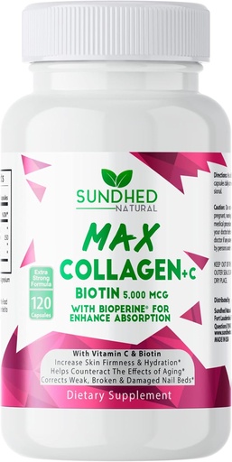 [BRSW2BQTO4PWGYDP] Sundhed Max Colagen Plus C - Toate colagen natural cu Biotin & Bioperine pentru a stimula hidratarea anti-îmbătrânire și fermitatea pielii - Consolidarea oaselor și unghiilor (capsule 2-luna) (120 conte)