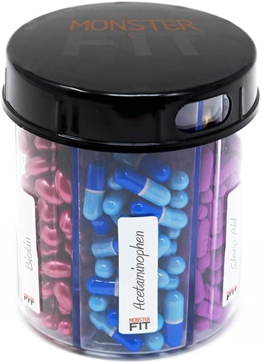 [BRSW2ZDYBMHRS2Y6] Monster Jr Supplement Pill Dispenser - Holds Small Medium Medication Vitamins and Easily Dispense from One Container Includes Compartment Labels ( 1 Pack)