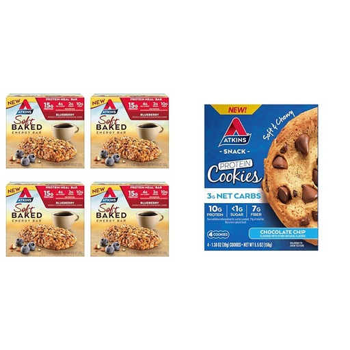 [BRSRAYYYCMIWGELU] Atkins Soft Baked Energy Bars, Blueberry, 15g Protein, 4 Packs (5 Bars Each) and Atkins Chocolate Chip Protein Cookie, 4 Count