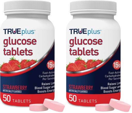 [BRSREAIKOUHBO3LJ] TRUEplus Glucose Tablets, Chewable, Strawberry Flavor, 15g Fast-Acting Carbohydrates, Fat Free, Gluten Free, Boost Energy, 50 Count (Pack of 2)