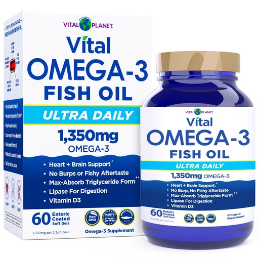 [BRSRAAT2B55B4HQ3] Vital Planet - Vital Omega 3 Fish Oil Ultra Daily Supplement with 1350mg of 2X Strength High Potency Cold Water Wild Caught Omega 3 Fatty Acid Supplements EPA DHA and DPA for Heart Health 60 Softgels