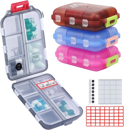 [BRSWGCA7OIMWY2T2] 4PS Travel Pill Organizer with 164 Slice Labels，10 Compartments Travel Pill Box Portable Folding Small Pill Case Daily Pill Container Used for Carry Storage Medicine Organizer by M MUchengbao