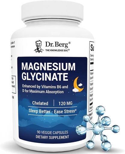 [BRSRAYIEAUBWOGTG] Dr. Berg Magnesium Glycinate with Vitamin D & B6 for Stress Relief, Calm, Relaxation, & Good Sleep* - 120 mg Magnesium Bisglycinate Capsules - High Absorption Chelated Glycinate - 90 Cap