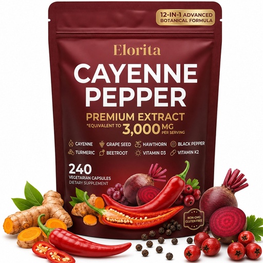[BRSRYZT4DF7WE23L] Elorita Cayenne Pepper Softgels, 12-in-1 Capsaicin Supplements with Vitamin D3, K2, Turmeric, Hawthorn, Beetroot, Black Pepper Extract, 240 Softgels