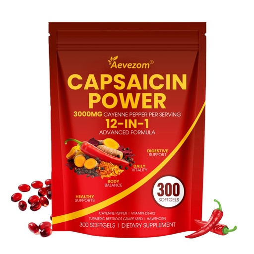 [BRSRGGD4BYFAO3Q2] Capsaicin Power, 12-in-1 Cayenne Pepper Softgels Supplement,with Vitamin D3+K2, Cayenne Pepper,Turmeric,Grape Seed and Other Extract,300 Softgels (1)