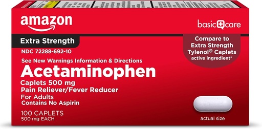 [BRSW2ZAQOF7RQADJ]   Basic Care Extra Strength Pain Relief, Acetaminophen Caplets, 500 mg, Pain Reliever/Fever Reducer, 100 Count (Packaging may vary)