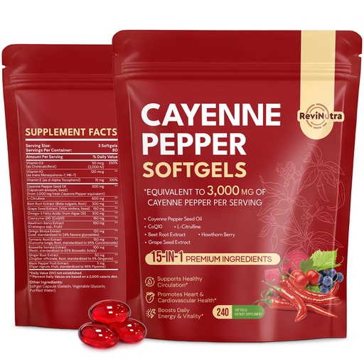 [BRSRGGQHBYDWGF32] Cayenne Pepper Softgels, 15-in-1 Cayenne Pepper Capsules with Vitamin D3 + K2, L-Citrulline, Beet Root, CoQ10, Capsaicin supplements for Healthy Circulation, Energy, Heart Vessel Support, 240ct