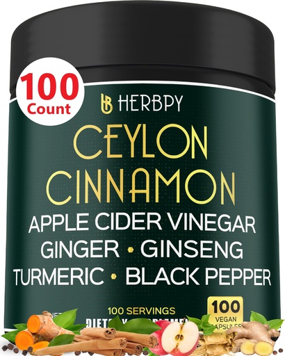 [BRSRAGQKOQJRUGT6] Herbpy 6in1 Premium Ceylon Cinnamon Supplement Plus Apple Cider Vinegar, Turmeric, Ginger, Ginseng - Weight Management, Digestion - 100 Vegan Capsules