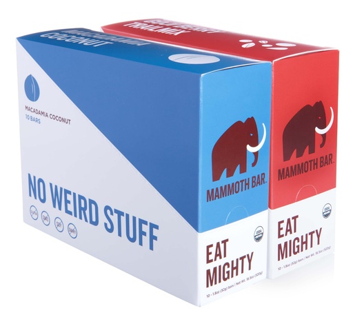 [BRSRGFD2DMNQKADL] Mammoth Bar 20 pack saver bundle - 10 Macadamia Coconut & 10 Goji Berry Trail Mix Bars -Organic Protein Bars – Prebiotic • Gluten Free • Egg Protein • GMO Free • Raw • Premium Nuts