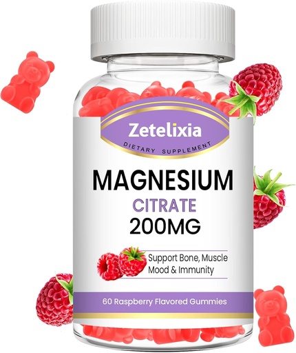 [BRSRAZY7OEMR4FA6] Magnesium Citrate Gummies, High Absorption Magnesium Gummies for Adults, Muscle & Teeth Support, 60 Vegan Natural Raspberry Gummies