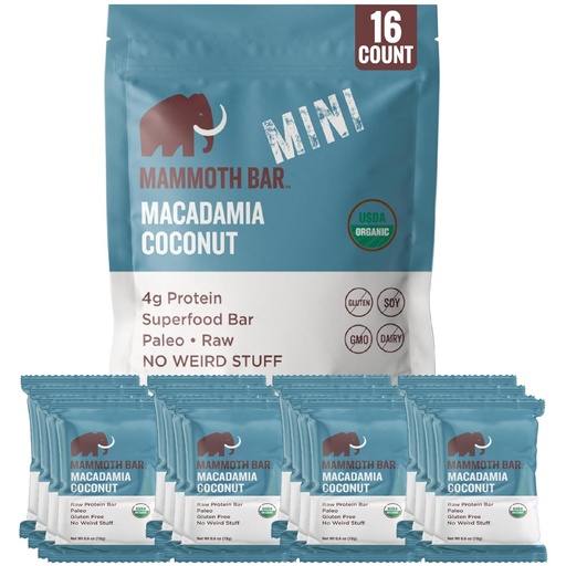 [BRSRAGQPPN4GMFLP] Mammoth Bar Macadamia Coconut Mini Bar - Mini Organic Snack Bar Packed with 4g Protein. Made with Premium Macadamia Nuts & Egg White Protein. Paleo • Gluten Free • GMO Free • Raw - 16 Mini Bars