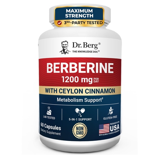 [BRSRGA34CMJRG2TP] Dr. Berg Berberine 5-in-1 Formula, 60 Capsules – 1200 mg Daily Berberine with Ceylon Cinnamon, ALA, Magnesium Glycinate & BioPerine – Maximum Strength Metabolic & Healthy Blood Sugar Support