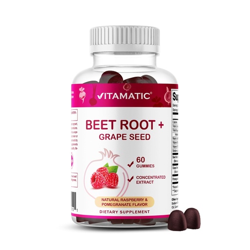 [BRSRA2YBAAIRYDTB] Vitamatic Beet Root Gummies with B6, B12, Grape Seed, Pomegranate & Nicotinamide – Plant-Based Extract – Vegan, Non-GMO – Botanical Supplement Gummies – 60 Count