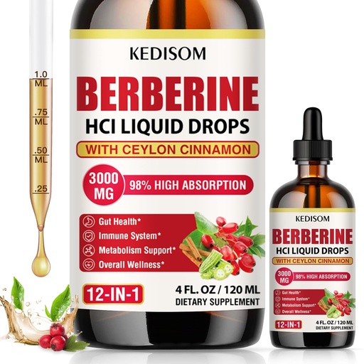 [BRSREFIKDIFBQCTG] Liposomal Berberine HCL Supplement Liquid 3000mg - High Absorption Berberine Drops with Ceylon Cinnamon, Sugar Free - 4 fl oz, 60 Servings