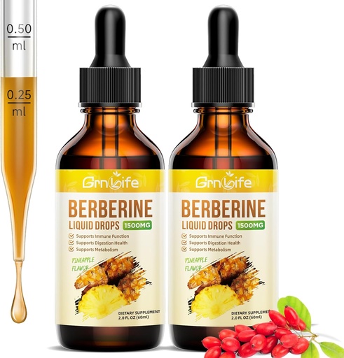 [BRSRAZI7CEHAGDL2] (2 Kemasan) Suplemen Berbersine, 1500mg Cairan Berberin Organik Drops dengan Cinnamon Ceylon, Bitter Melon - Supports Imune dan Metabolisme, Vegan, Pineapple Flavor-2 FL Oz