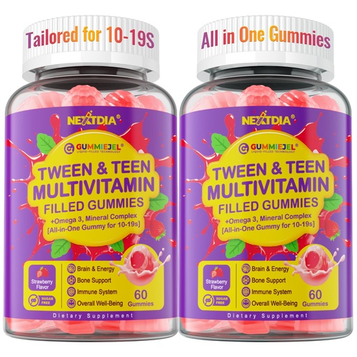 [BRSREGIBBFYBAAL2] Multivitamin Filled Gummies for Teen Boys Girls 12-17, 18, 19, Kids 10+ Multivitamin with Omega 3, Calcium + Magnesium + Zinc, Multi-Minerals for Adolescent 10-19S Brain, Bone, Energy, Immune, 2Pack