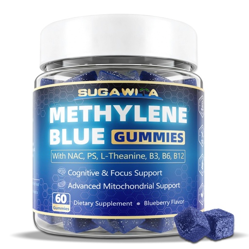 [BRSRGBT5AUAR4FLP] Methylene Blue Gummies 10mg for Humans, 8-in-1 Brain Supplements with NAC, B3, B6, B12, L-Theanine & PS, Brain & Mitochondrial Support, Enhances Energy, Focus and Cognitive, Pure, Vegan, 60 Counts