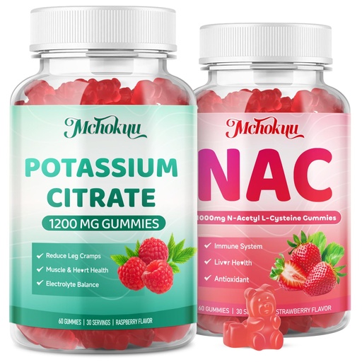 [BRSRGFQRDMMAIA3X] NAC & Potassium Citrate Gummies 1200mg, Strawberry & Raspberry Flavor, 120 Counts Bundle