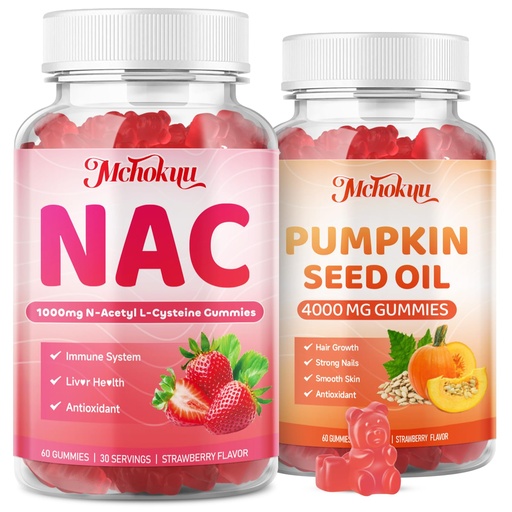 [BRSRECT3CAGWAYLJ] NAC Gummies & Pumpkin Seed Oil Antioxidant Supplement Gummies, Strawberry Flavor 120 Counts Bundle
