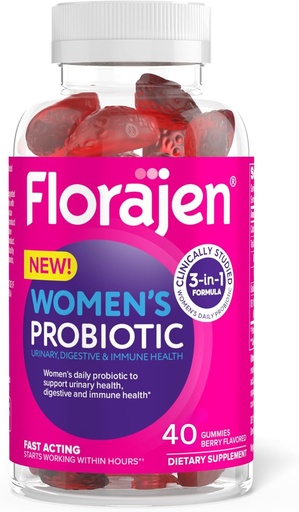 [BRSROBQKDIHWMFA6] Florajen Women's Probiotic Gummies - Triple-Action Prebiotic + Probiotic + Cranberry for Digestive, Urinary, & Immune Support - Fast-Acting - Vegan & Gluten-Free - 40-Count