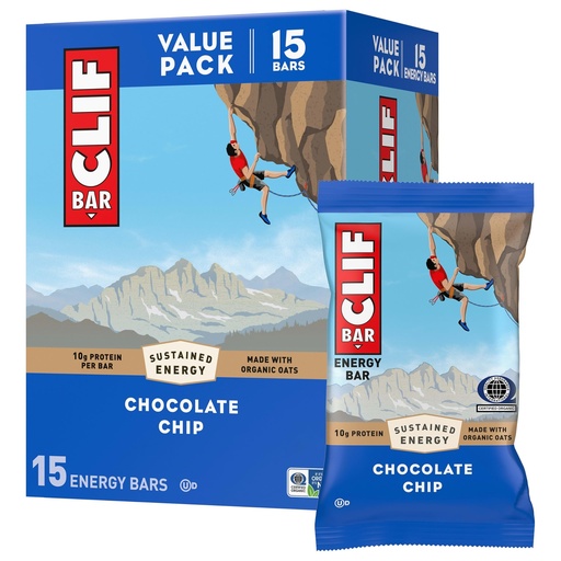 [BRSROCQYOYJRYDTF] CLIF BAR - Energy Protein Bars - Chocolate Chip - Made with Organic Oats - Energy Bars - Non-GMO - (15 Pack)
